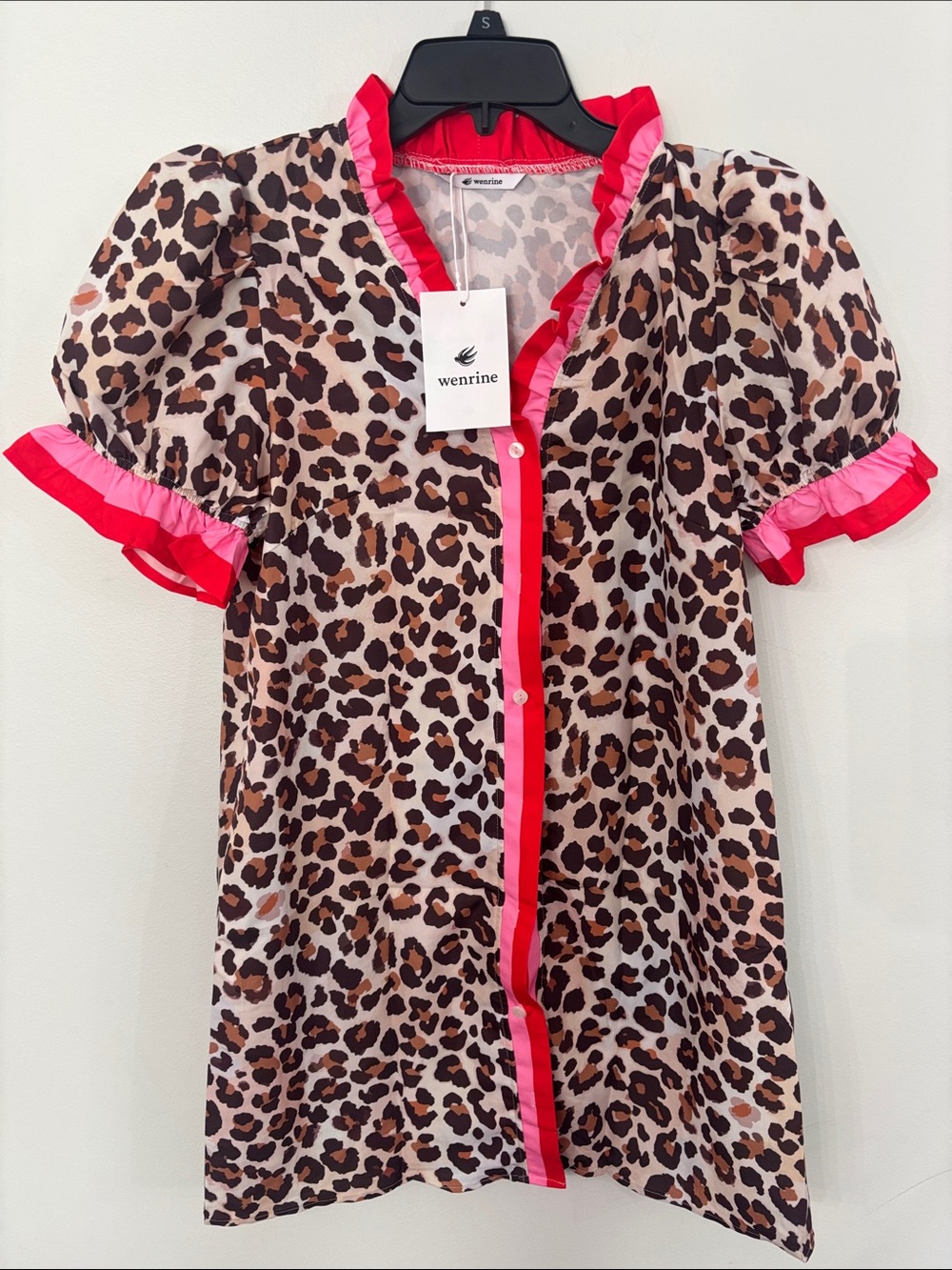 Wenrine Leopard Print Mini Dress with Pink Trim